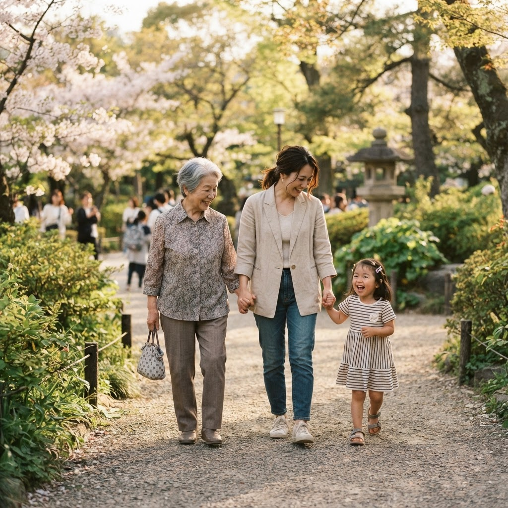 公園で手をつなぐ三世代の家族